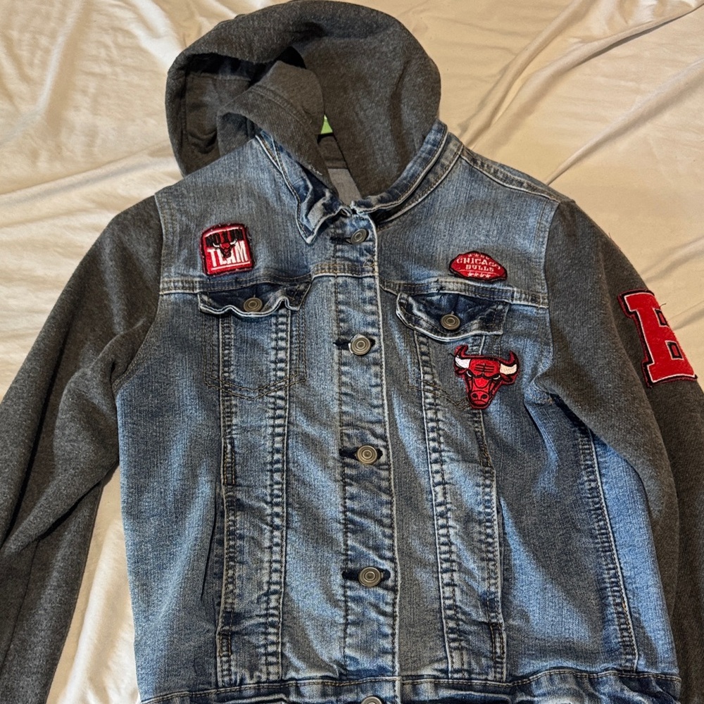 Denim and Gray Hooded Jacket